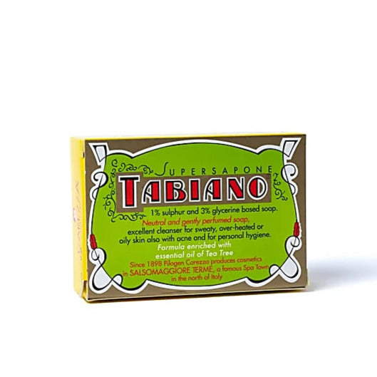 Savon de chez 'Tabiano' de 125 grammes. particulièrement adapté à la peau grasse et à la surproduction de sébum. Le Bio-Soufre est innovant dans son action rééquilibrante !