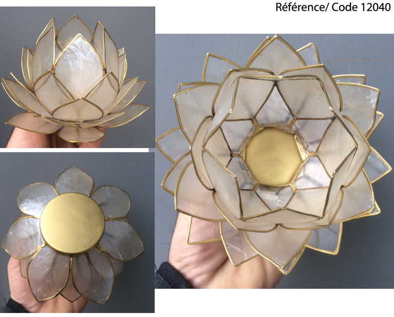 Selection of 'Lotus' candle holders made of capiz shell, 13.5 centimeters x 5.5 centimeters high. Magnificent colors, incredible effects, perfect!