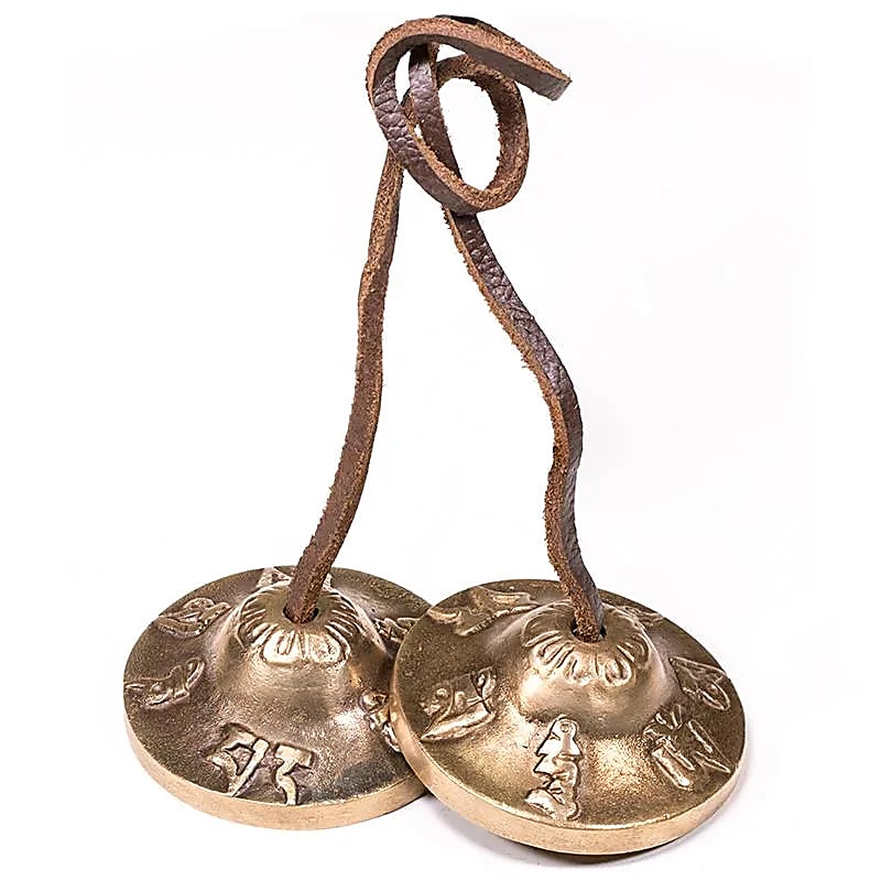Tibetan cymbal (Tingsha/ Ding-Sha's), model with OMPH prayers, 3 sizes to choose from from 6 to 7.5 cm. Used as musical offerings in spiritual practices and meditation!