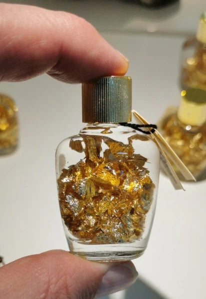 Or, Fiole/ flacon de paillettes de 5x3 centimètres, en provenance du Brésil, avec étiquette de garantie !