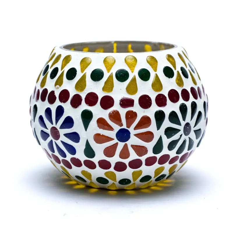 Glass mosaic candle holder with floral motifs. Size: 7 cm - Weight: ±295 grams! Sold individually or in pairs!