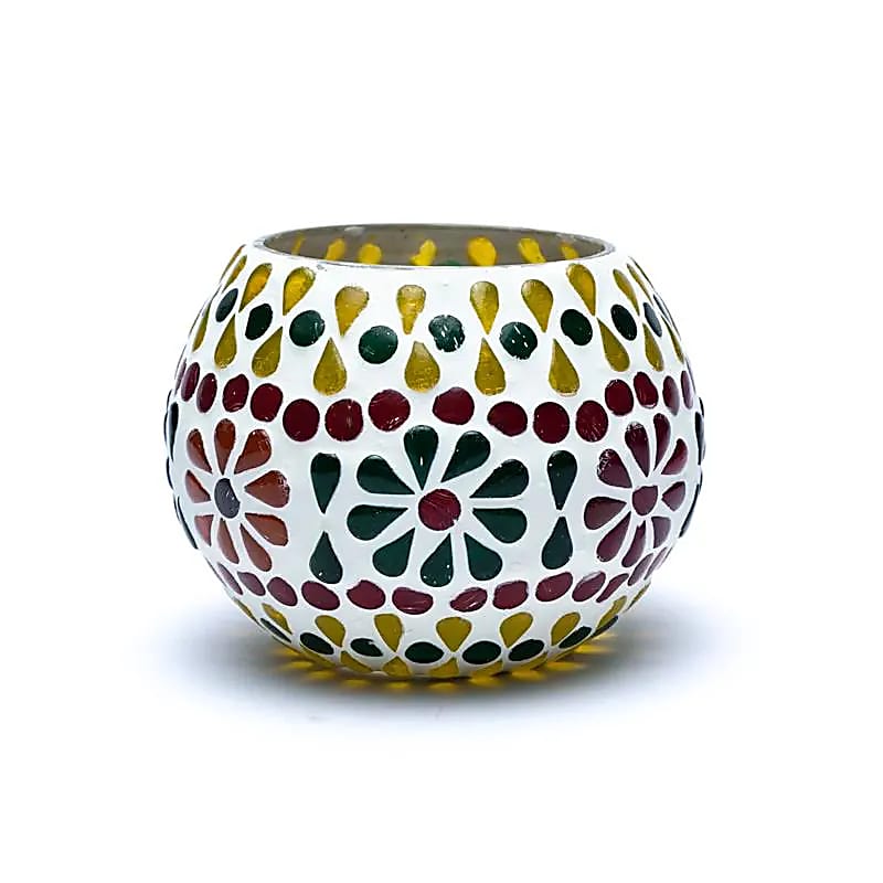 Glass mosaic candle holder with floral motifs. Size: 7 cm - Weight: ±295 grams! Sold individually or in pairs!