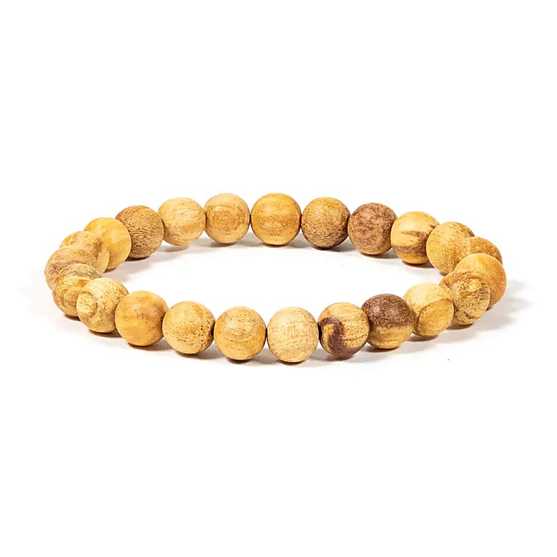Palo santo (bois), perles rondes de 6 ou 8 mm par pack de 100, ou en bracelet de 17 à 21cm, collier de 42cm et sautoir de 60cm. Finition naturelle et odorante car le palo santo est un encens puissant !
