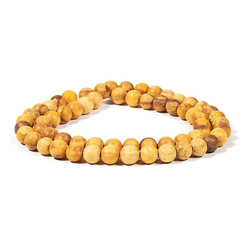 Palo santo (bois), perles rondes de 6 ou 8 mm par pack de 100, ou en bracelet de 17 à 21cm, collier de 42cm et sautoir de 60cm. Finition naturelle et odorante car le palo santo est un encens puissant !
