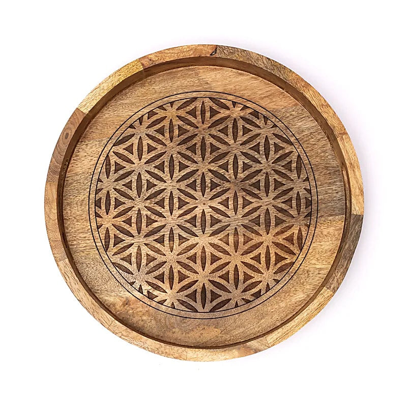 Plateau de service avec symbole de la Fleur de Vie, fait en bois de manguier, taille de 30 x 5 cm.