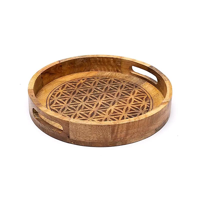 Plateau de service avec symbole de la Fleur de Vie, fait en bois de manguier, taille de 30 x 5 cm.