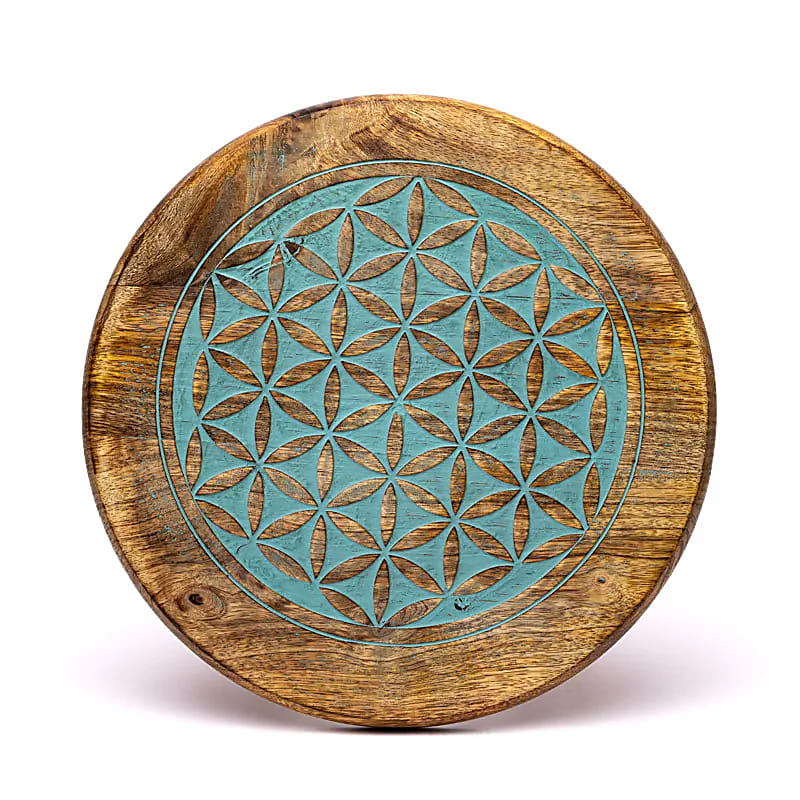 Table d'appoint/ Autel en bois de Manguier avec motif de la 'fleur de vie' de couleur bleue, 30X30X31 cm/ 1665 grammes. Assemblage facile avec les pieds à visser.