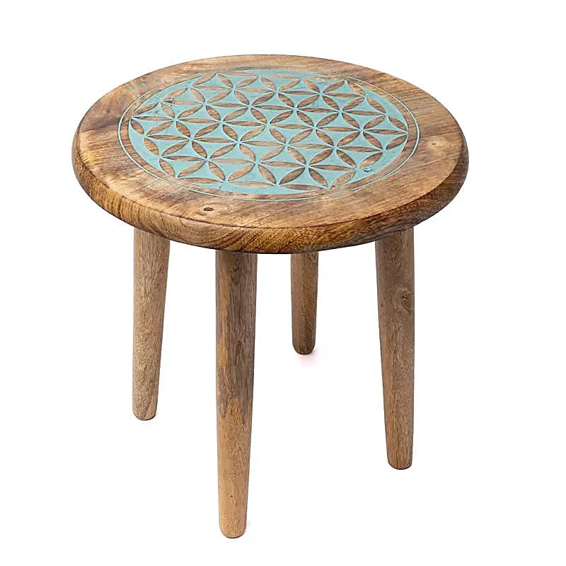 Table d'appoint/ Autel en bois de Manguier avec motif de la 'fleur de vie' de couleur bleue, 30X30X31 cm/ 1665 grammes. Assemblage facile avec les pieds à visser.