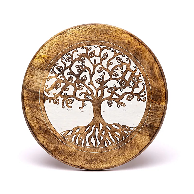 Table d'appoint/ Autel en bois de Manguier avec motif de 'l'arbre de vie', 30X30X31 cm/ 1665 grammes. Assemblage facile avec les pieds à visser.