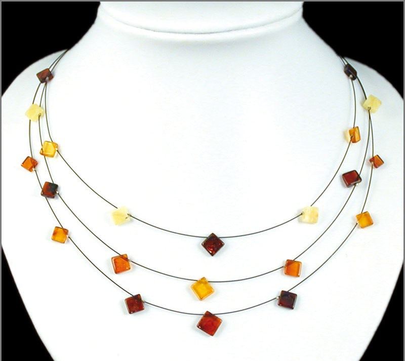 Amber, 3-row necklace of 7- to 16-millimeter square beads, sold in 45-centimeter lengths. AA to AAA quality, superb beads, lightweight and incredibly soft!