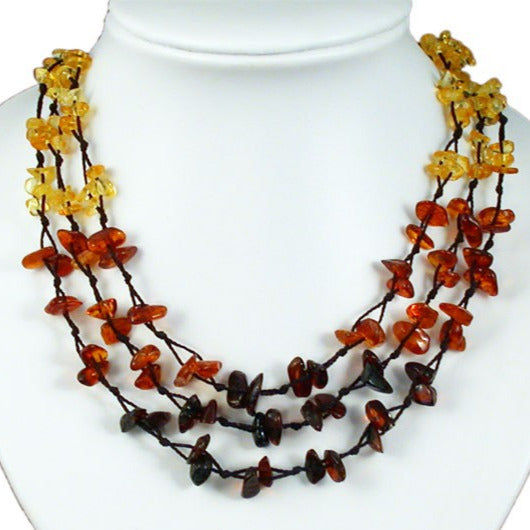 Amber, 3-row necklace of 5/7 millimeter free-form beads, sold in 45 centimeters. AA to AAA quality, superb beads, lightweight and incredibly soft!