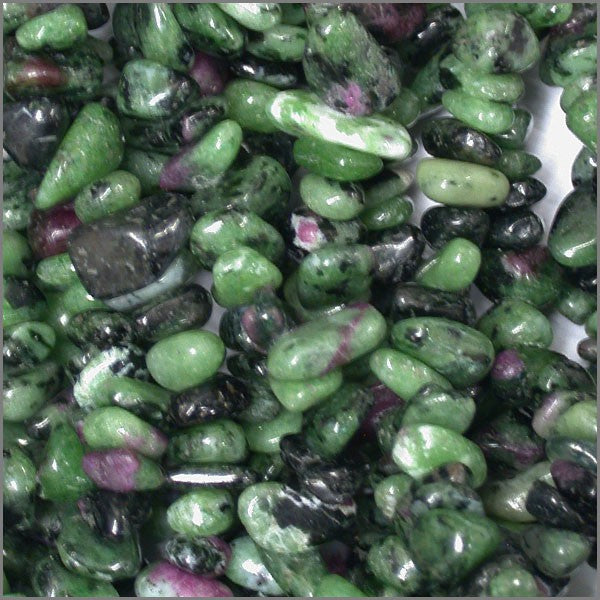 Ruby Zoisite, 17 to 21cm bracelet, 42cm necklace and 60cm sautoir. Naturally shaped 'baroque/chip' type beads mounted on elastic thread or high-strength steel wire!