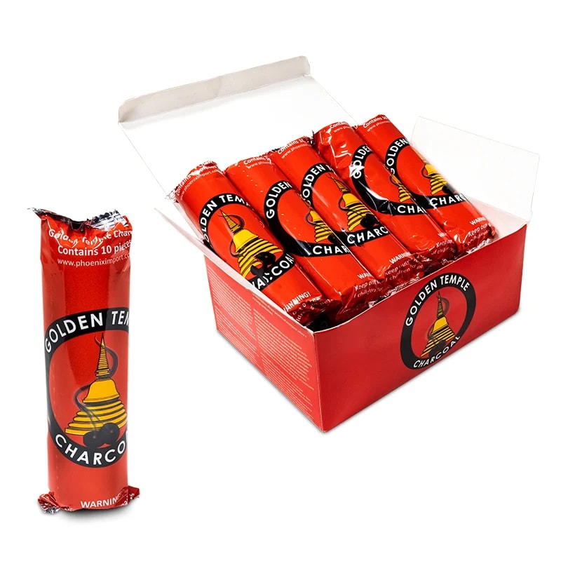 Box of Golden Temple charcoal tablets for the safe burning of resin and incense powder. Each box contains 100 tablets, 10 rolls of 10 charcoals each.
