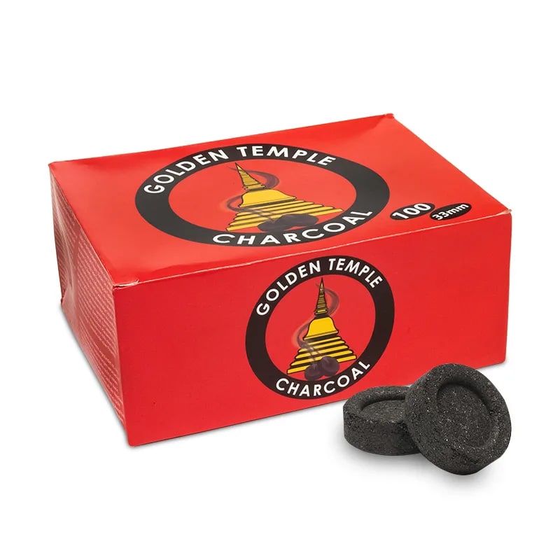 Box of Golden Temple charcoal tablets for the safe burning of resin and incense powder. Each box contains 100 tablets, 10 rolls of 10 charcoals each.