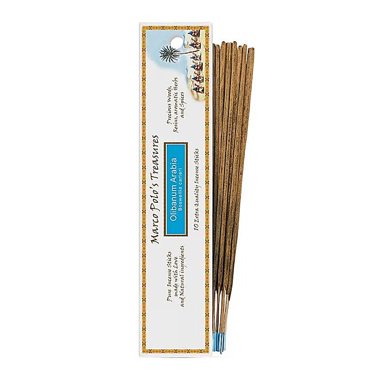 'Marco Polo's Treasures' Incense by 'Fiore d'Oriente' 100% natural, 18 fragrances to choose from! 10 sticks of 23 cm per box. Burn time 60 to 80 minutes. A centuries-old experience, perfect quality!