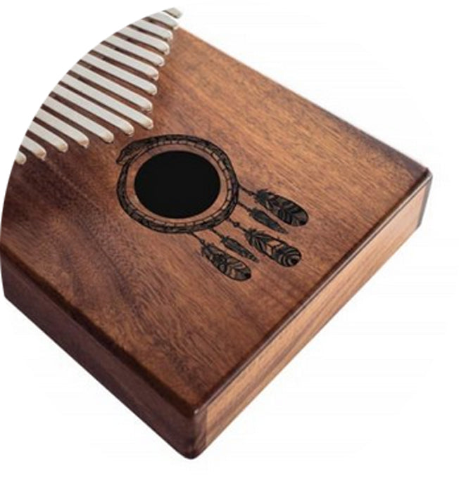 The kalimba or finger piano! 17 notes, made of koa wood (tropical resonance wood) in the key of C major. Decorated with a carved Indian motif and comes with a cloth bag and a tuning hammer! 23x19x7.5 cm!