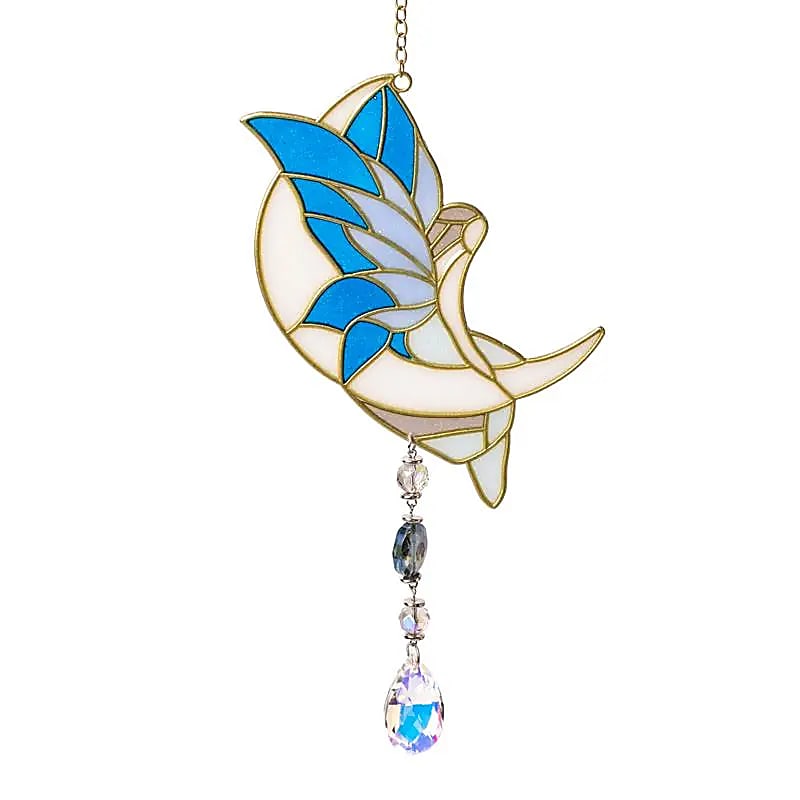 Suspension décorative pour fenêtre avec 'une fée sur la lune', couleur bleue, 38 x 10 cm - 60 gr. / Superbes effets quand la lumière traverse le verre !