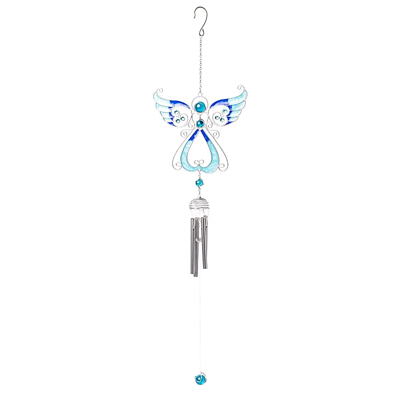 Carillon décoratif 'Ange' de couleur bleue, fait en verre avec des tubes métalliques suspendus ! 74 centimètres de long x 20 - 200 grammes. Très beau design, parfait !