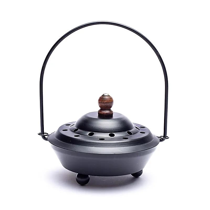 Porte-encens/ encensoir en métal avec couvercle et avec poignée pivotante de 13 cm - 434 grammes. Pour brûler et ventiler tous les encens, parfait ! Fait en Inde !