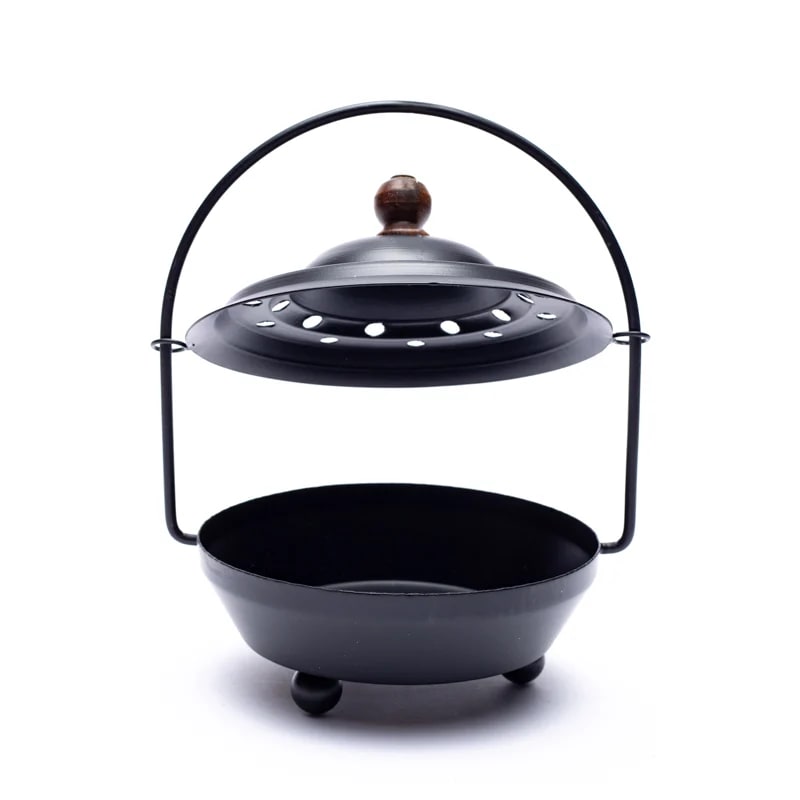 Porte-encens/ encensoir en métal avec couvercle et avec poignée pivotante de 13 cm - 434 grammes. Pour brûler et ventiler tous les encens, parfait ! Fait en Inde !
