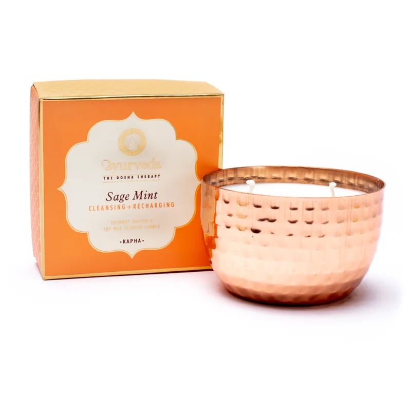 Bougie parfumée Ayurvédique, 6x9 cm - 20H de combustion. Kapha Sauge et menthe - nettoyant et rechargeant Beurre de coco et cire de soja Moins de fumée et de suie grâce à la mèche en coton Aux huiles essentielles naturelles