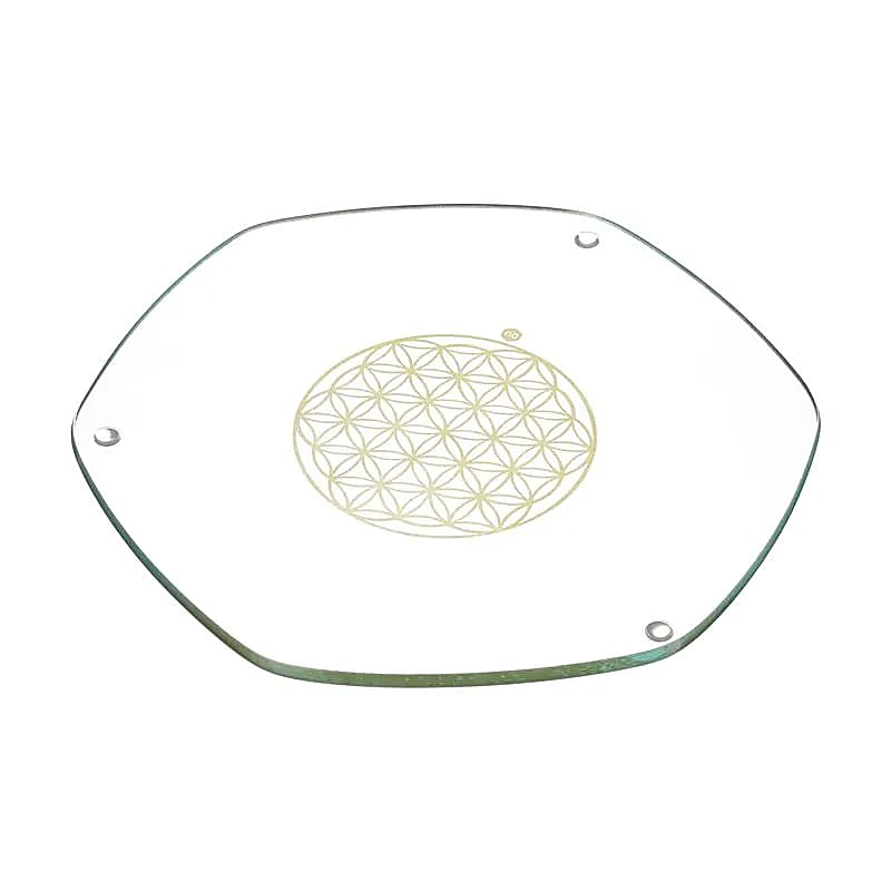 Energyplate (sous-verre et dessous de plat) de chez 'natur design', de 9 ou 22 centimètres. Avec gravure de la fleur de vie en Or 23,8 carats. Verre sans plomb ni métaux lourd !