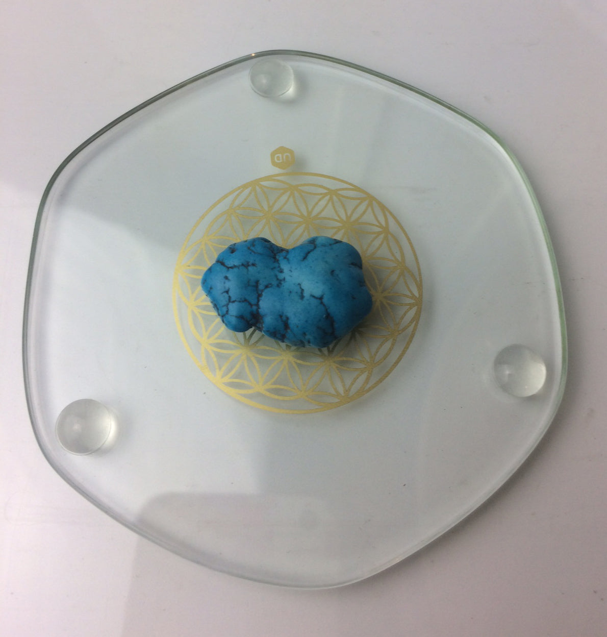Energyplate (sous-verre et dessous de plat) de chez 'natur design', de 9 ou 22 centimètres. Avec gravure de la fleur de vie en Or 23,8 carats. Verre sans plomb ni métaux lourd !