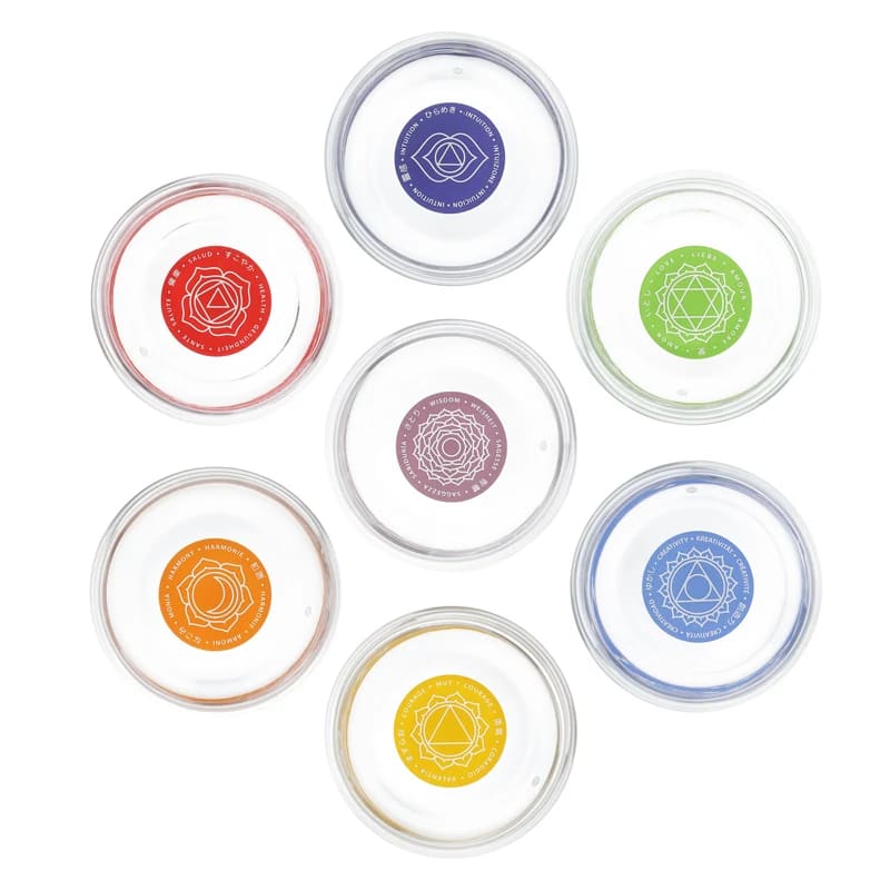 Verres de 250 ml de chez 'nature's design', modèle 'Mythos', SET 7 chakra avec symboles et textes ! Verre sans plomb soufflé à la bouche !