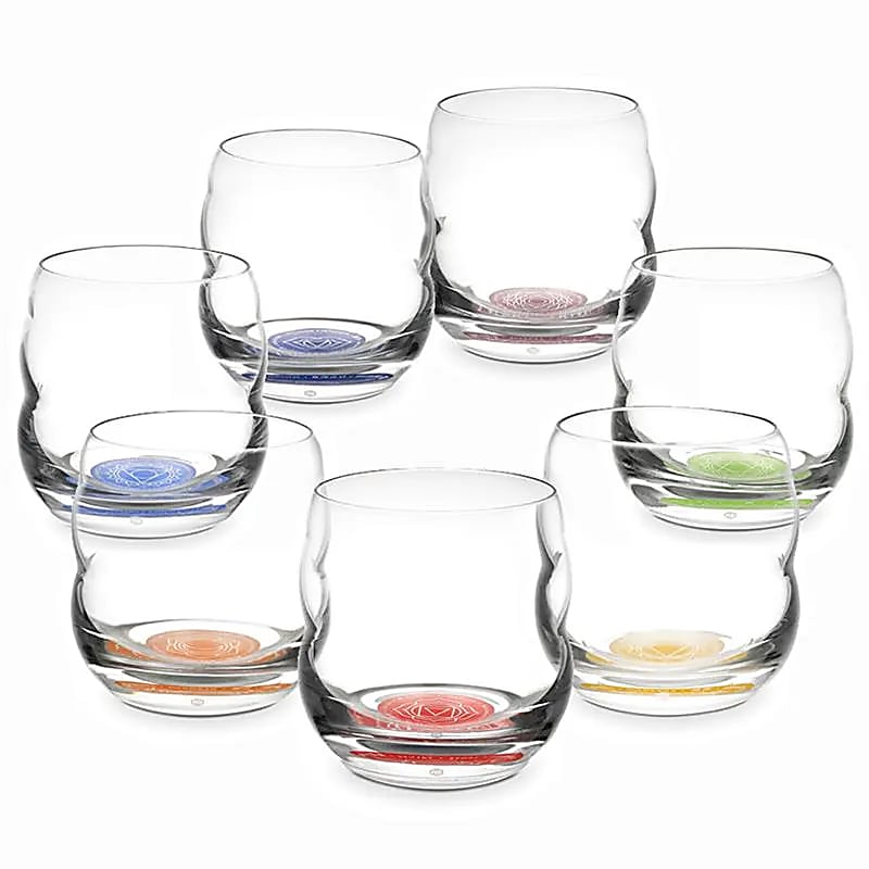 Verres de 250 ml de chez 'nature's design', modèle 'Mythos', SET 7 chakra avec symboles et textes ! Verre sans plomb soufflé à la bouche !