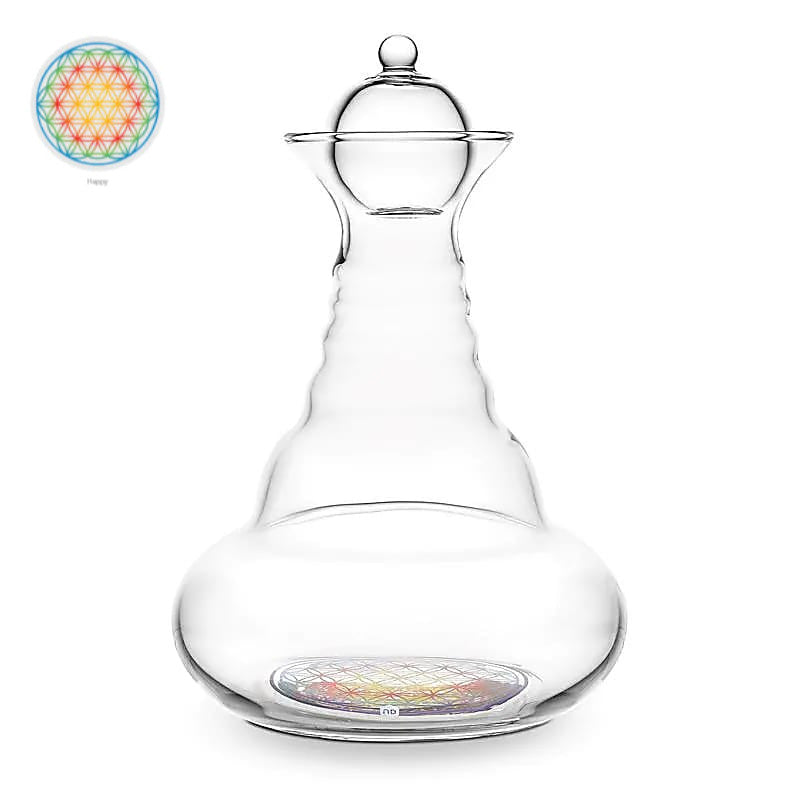 Carafe 'Alladin' de chez 'Nature's design' de 1300 millitres, avec le symbole de la fleur de vie gravé ! 5 finitions : basic, blanche, multicolore, Or ou Platine ! Verre sans plomb et soufflé à la bouche !