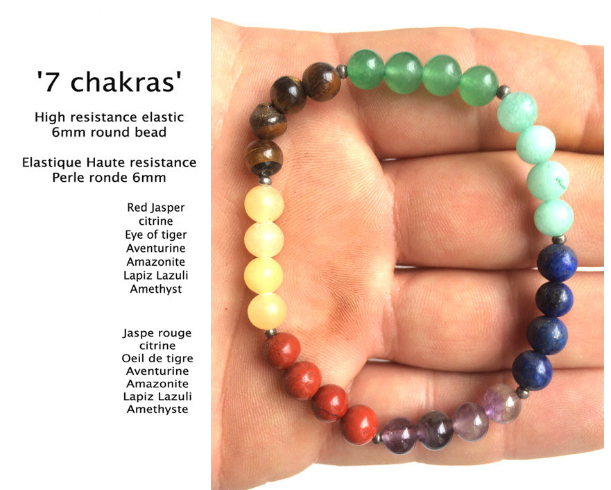 Bracelets '7 chakras', 2 modèles au choix en perles de 6 ou 8 millimètres, longueur au choix de 17 à 21 centimètres ! Trés belle qualité de perle, parfait !