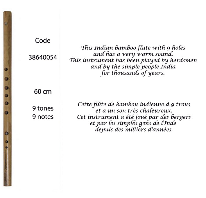 This 9-hole Indian bamboo flute is tuned to an Indian scale. It has a very warm sound. In India, this instrument has been played by shepherds and local people for thousands of years...