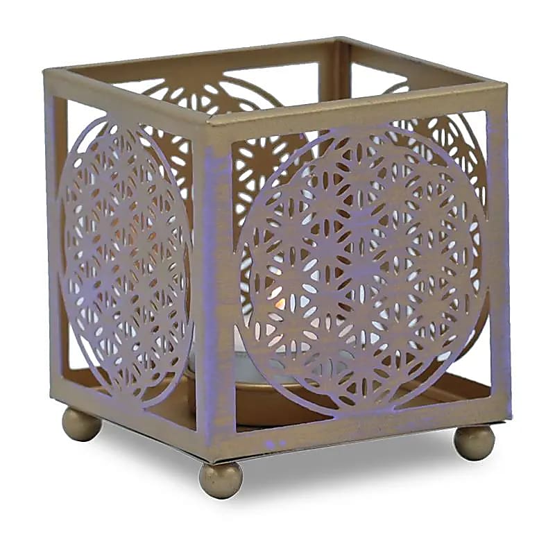 Metal candle holder, 8x8 cm - 145 grams - Suitable for tea lights and candles up to about 4 cm! With a beautiful flower of life!