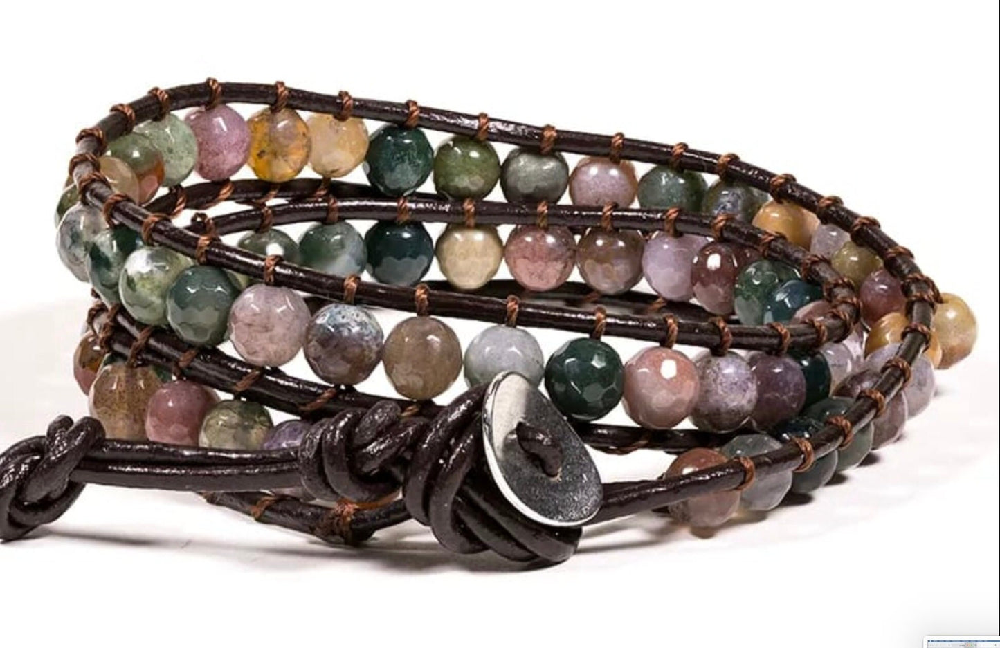 Bracelet en cuir multi-rang (2 tours), 87 perles d'Agate de 6mm - 27 cm de long - 46 gr. Disponible de 17 à 21 cm !