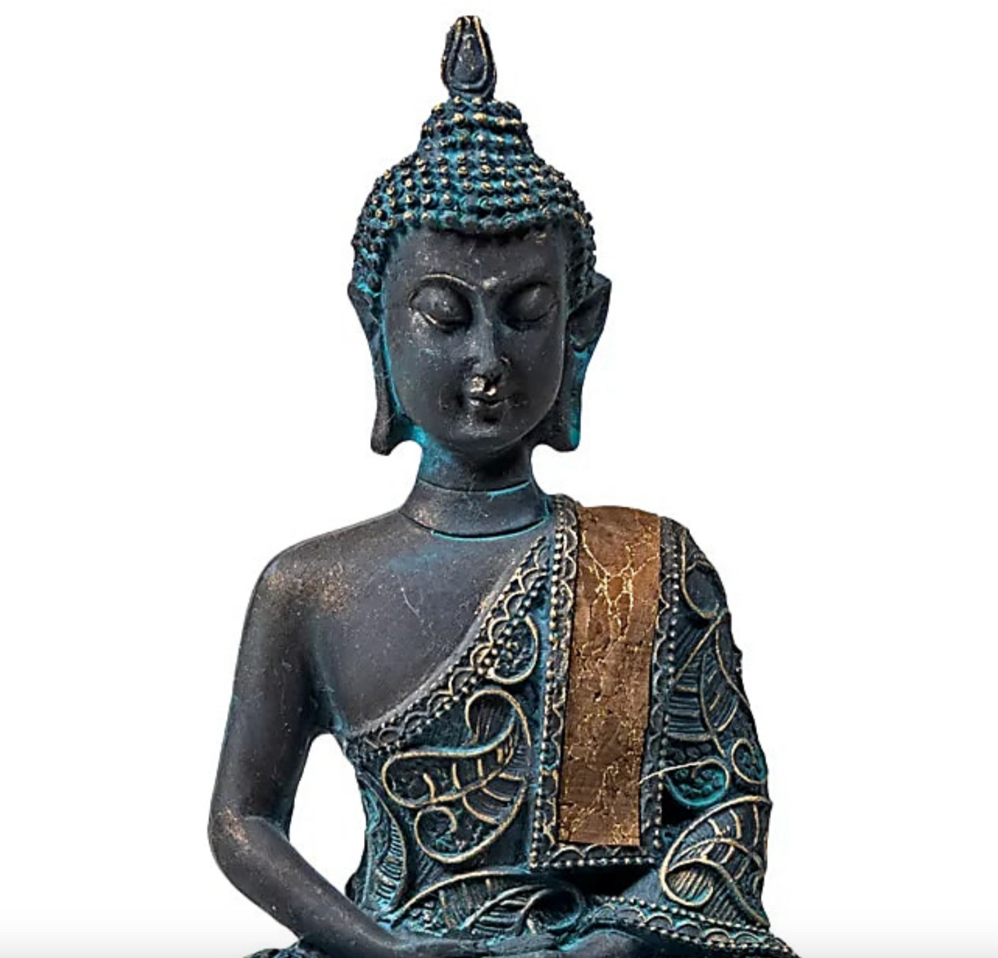 'Colorful and dressed' Buddha measuring 9 x 5 x 14 cm. Very fine details of the textile and cork (wood) dressing. Sacred Buddhist deity! Very good quality, perfect in a meditation room, altar, collection...!
