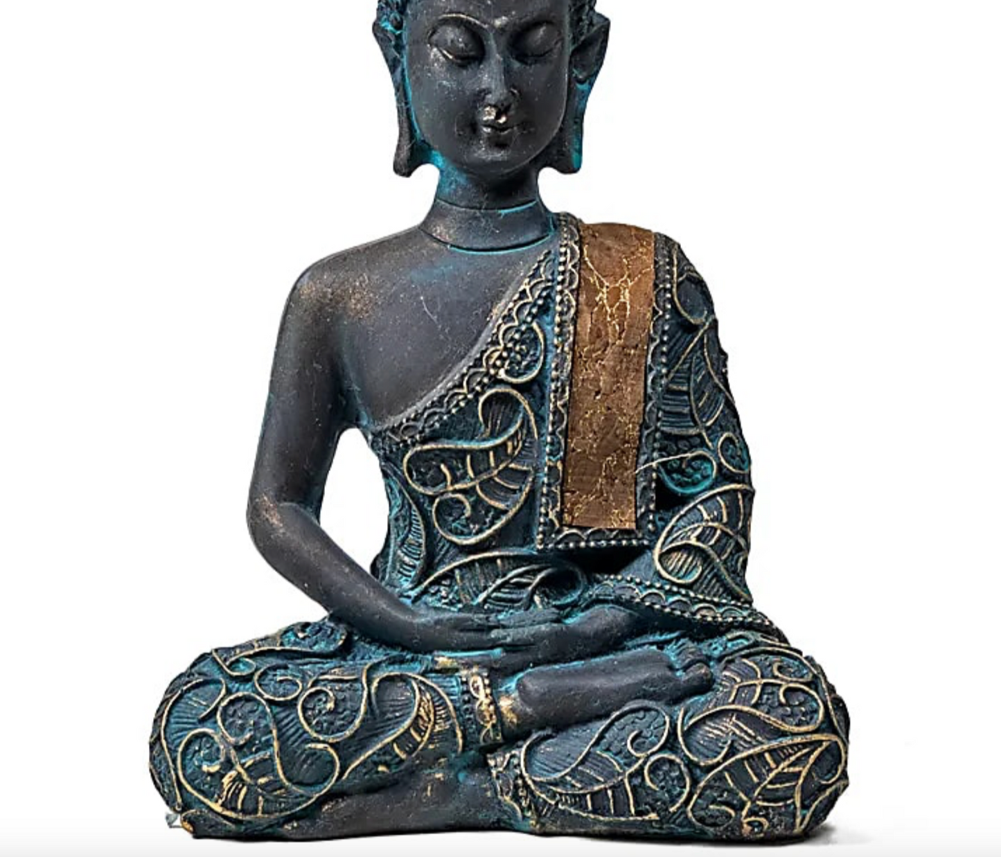 'Colorful and dressed' Buddha measuring 9 x 5 x 14 cm. Very fine details of the textile and cork (wood) dressing. Sacred Buddhist deity! Very good quality, perfect in a meditation room, altar, collection...!