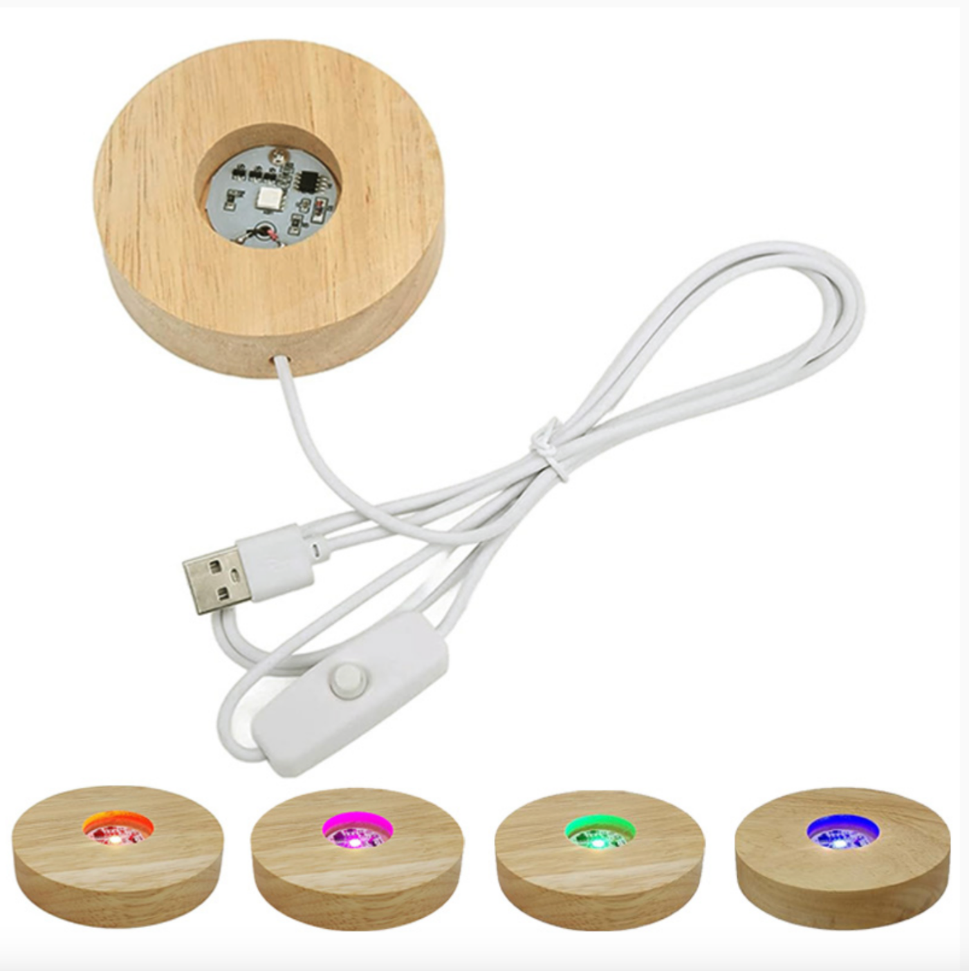 Base à LED multicolores, socle en bois, prise USB pour éclairer vos plus beaux spècimens. Dimensions (Ø x H) 10 x 2 cm. Puissance 5V. Peut être utilisé pour tous les minéraux transparents !