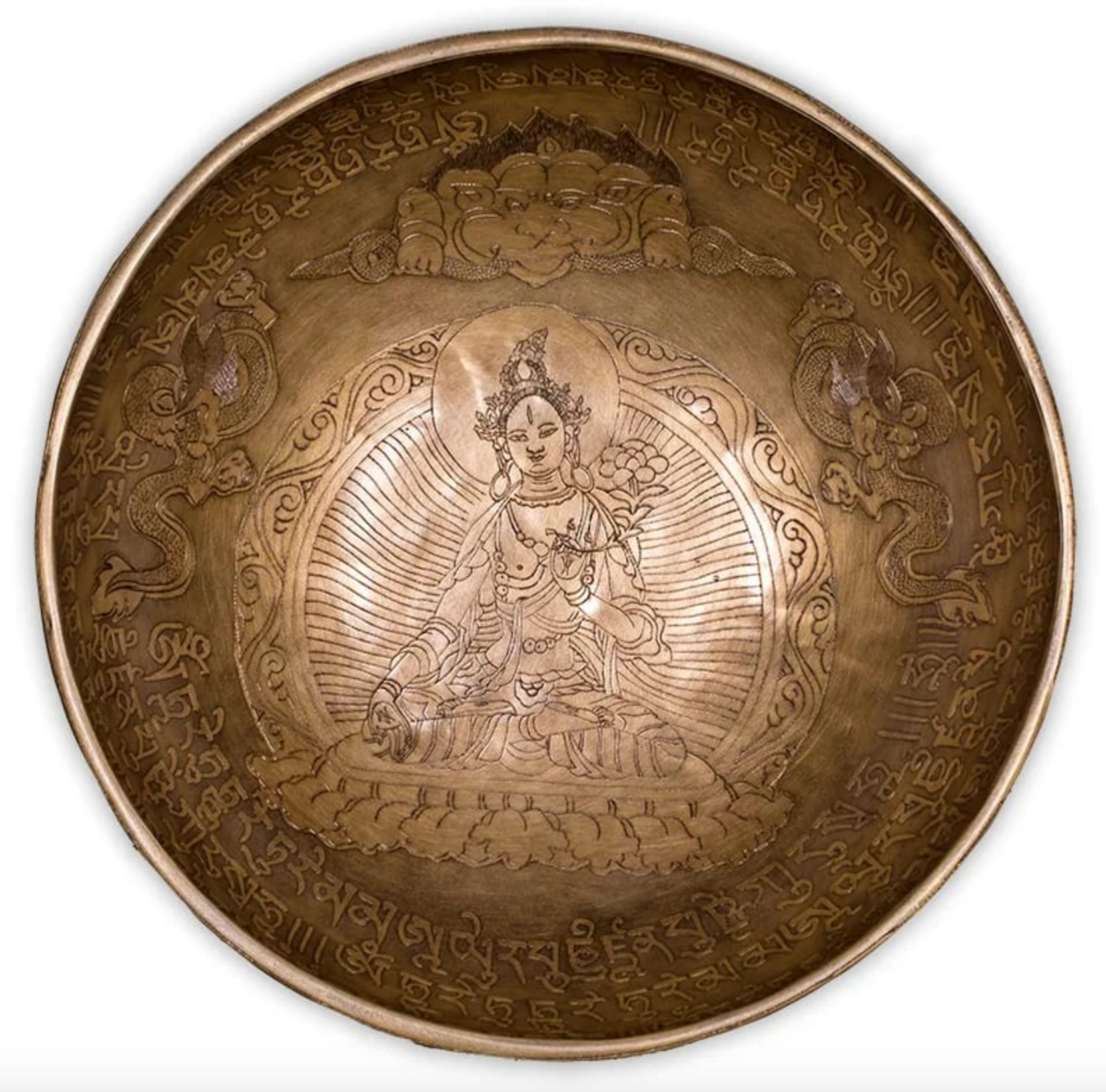 Bowl with engraving of the goddess 'White Tara' on the inside, 28 centimeters - approximately 2200 grams. Sold with a suitable mallet! Magnificent piece 'handmade' in Nepal