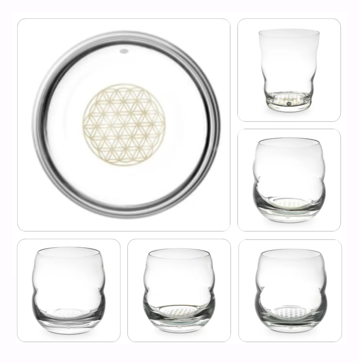 Verres de chez 'nature's design', modèle 'Jasmina' 300ml et 'Mythos' 250ml, avec le symbole gravé de la fleur de vie ! verre sans plomb soufflé à la bouche ! Vendu à l'unité !