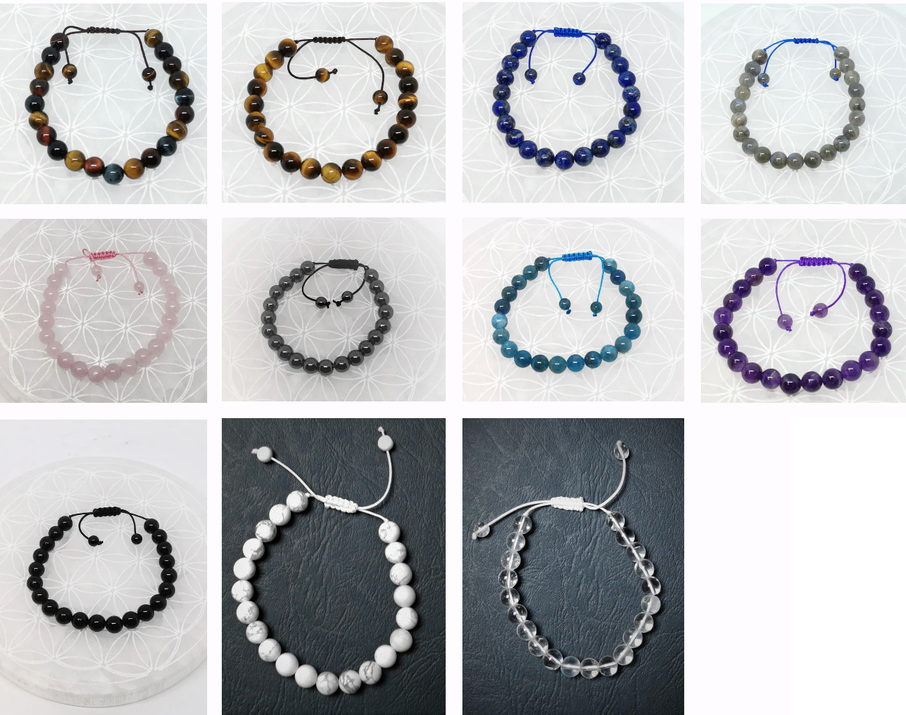 Collection of single-strand mala/sliding bracelets with 8 millimeter beads. Adjustable length from 16.5 to 20 centimeters. Beautiful AA to AAA quality beads!