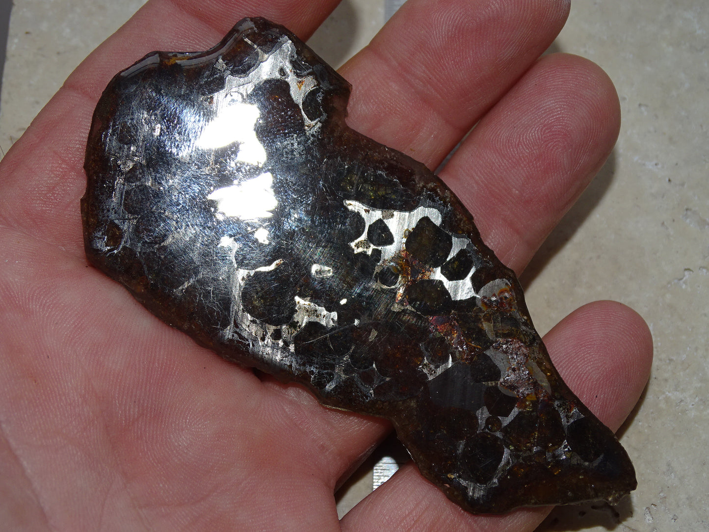 Sélection de météorites Pallasites Sericho, de 6 à 40 gr. Se distinguent par la présence de gros cristaux d'olivine en inclusion dans la matrice, magnifique !