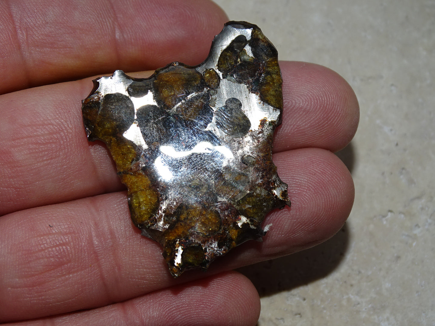 Sélection de météorites Pallasites Sericho, de 6 à 40 gr. Se distinguent par la présence de gros cristaux d'olivine en inclusion dans la matrice, magnifique !
