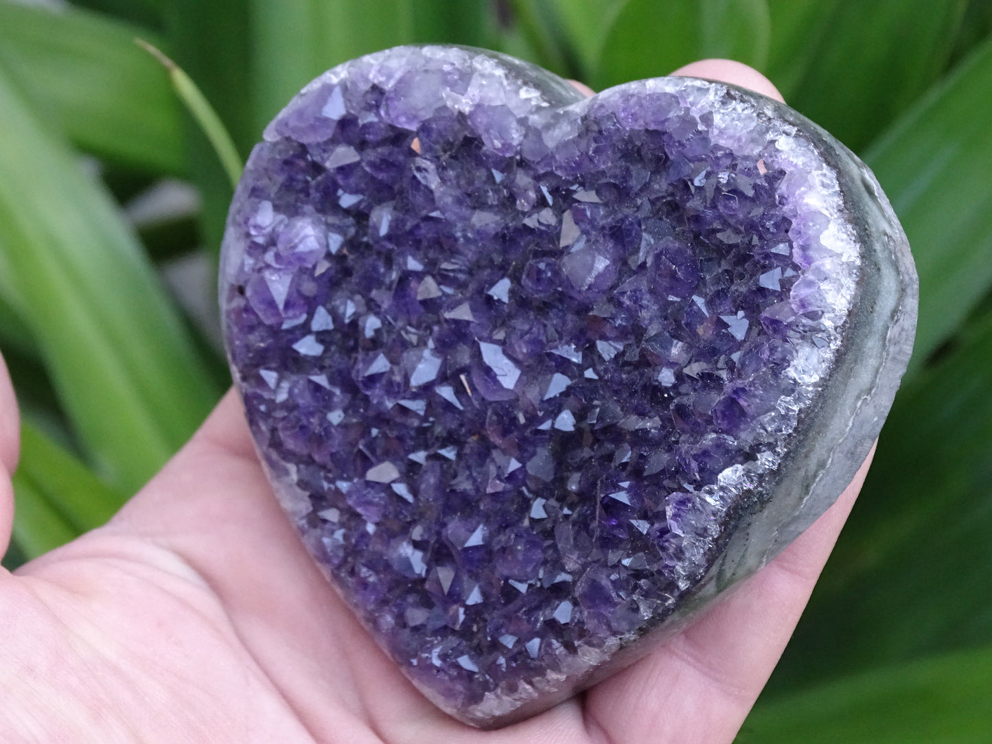 Druse en forme de coeur en amethyste, 84 x 81 x 22 millimètres - 290 grammes. Un violet intense, parfait pour recharger des minéraux, magnifique pièce !