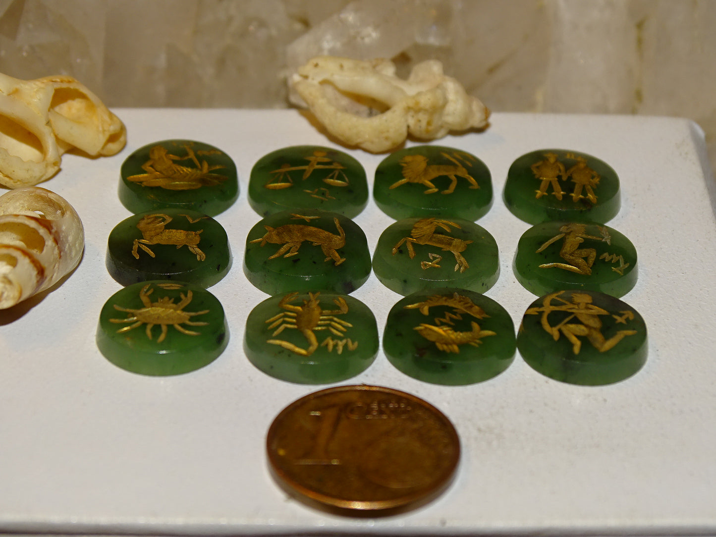 Imperial Jade, set of 12 round stone cabochons with astrological signs engraved in fine gold. Perfect for creating rings or collections... 12 x 3 millimeters thick!
