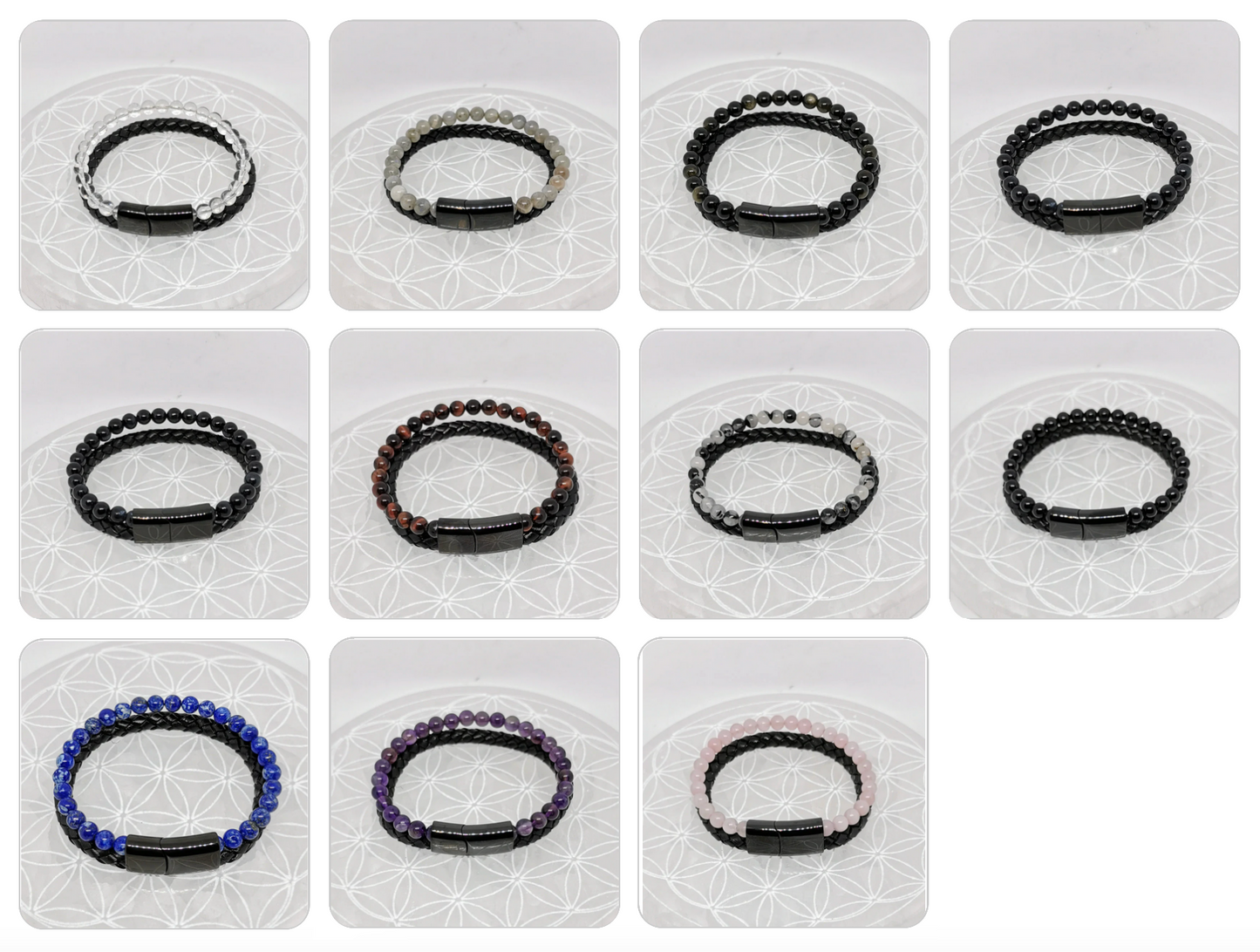 'Leather & Magnetic Closure' bracelet collection, double-strand of 8 millimeter beads. Available in 20.5 cm length. Beautiful AA to AAA quality beads!