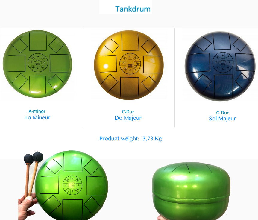 Tankdrum, 26cm de diamètre, 3 modèles au choix - A minor/ La mineur - C major/ Do majeur - G major/ Sol Majeur. Vendu avec 2 sticks, Top !! vendu avec une housse et 2 baguettes, parfait !