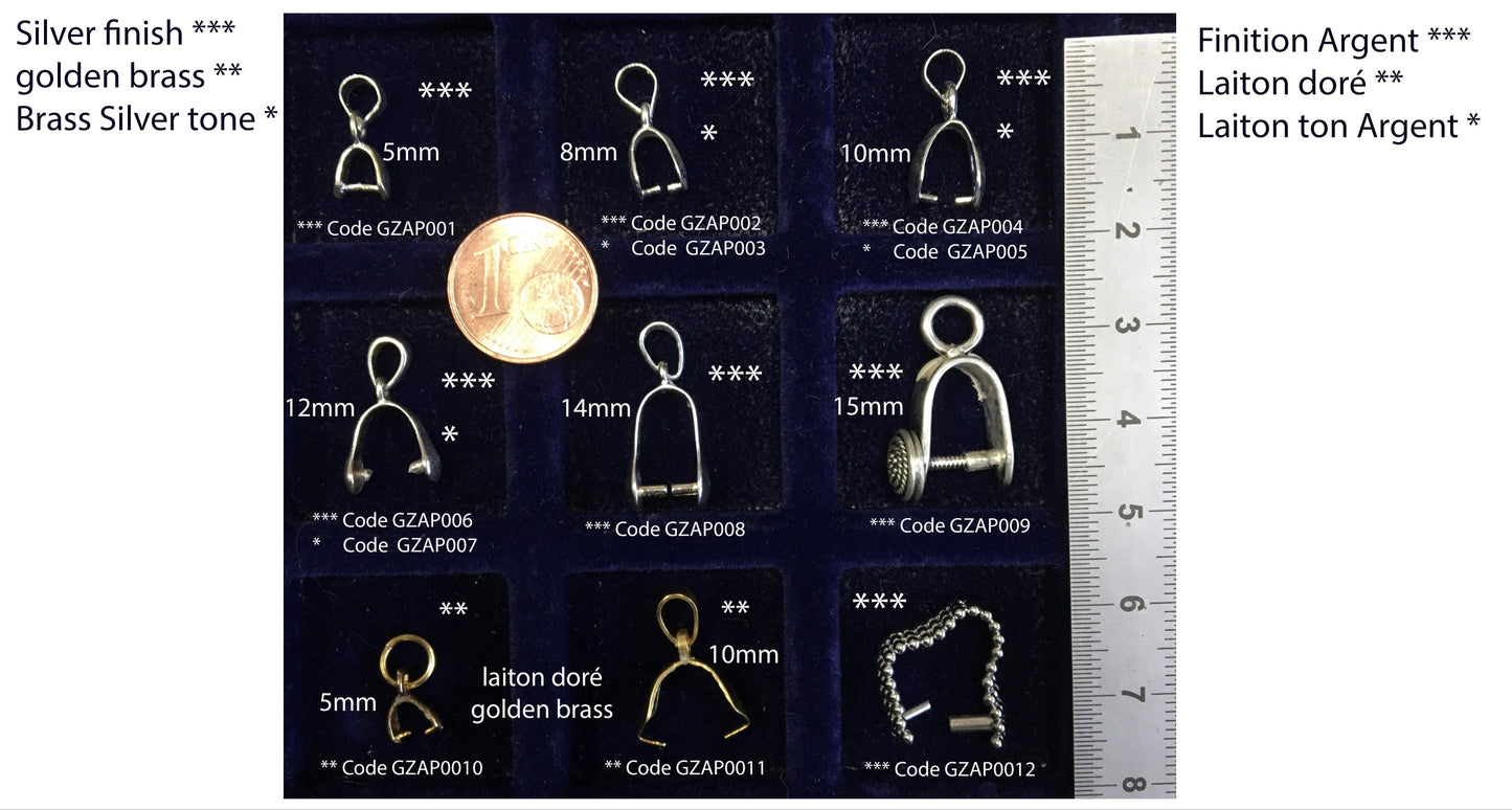 Sélection de bélières pour pierres percées (cabochons, perles...). De 5 à 15 millimètres... Très bonne qualité, parfait pour adapter vos pierres préférées ! Finition Argent, doré ou argenté ! 