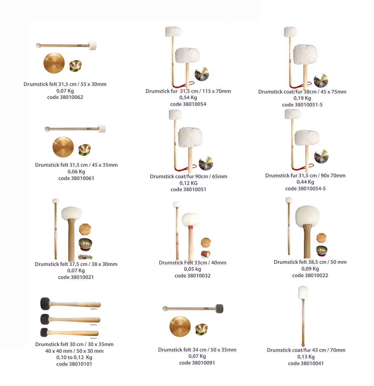 Selection of mallets for gongs, metal or crystal singing bowls, drums, xyplophones... Very good quality!