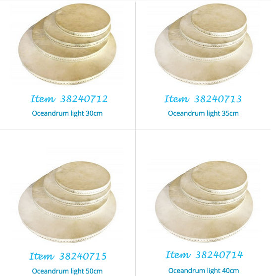 Tambour Océan, au choix de Ø 30, 35, 40 ou 50 centimètres. Tambour double peau (chèvre) pour imiter le son des vagues qui déferle sur la plage ! Parfait pour les bains de sons !