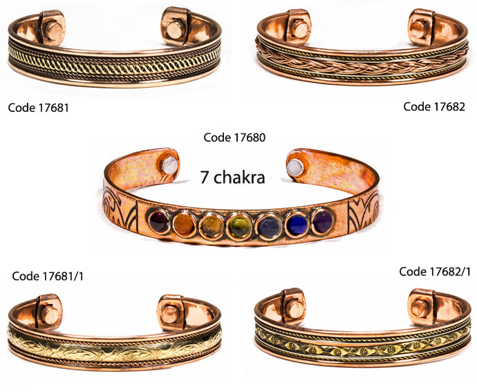A selection of copper cuff bracelets, available in 5 styles, magnetic. Engraved or with a 7-chakra design. High-quality, beautiful effects! Made in India!